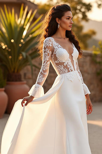 Mermaid Court Train Satin Ivory Wedding Dress with Lace Appliques